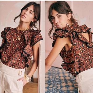 Sezane Clarita Linen Leopard Print Ruffle Trim Blouse Brown Size 34 / US 2